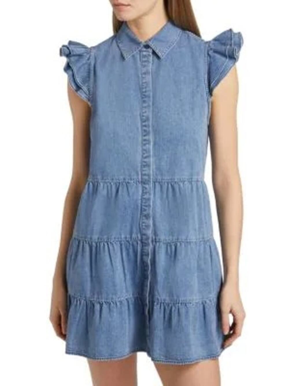 New ALICE + OLIVIA Jem Denim Tiered Mini Shirt Dress in Large - Picture 1 of 13